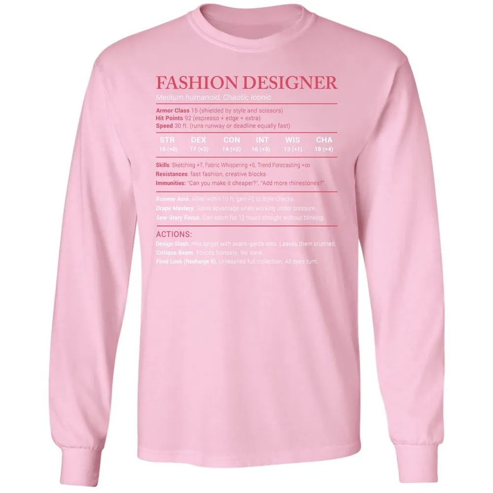 Fashion Designer Stats Long Sleeve T-Shirt - Light Pink - 3