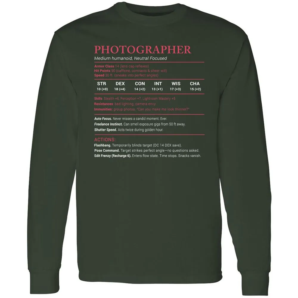 Photographer Stats Long Sleeve T-Shirt - Forest Green - 4