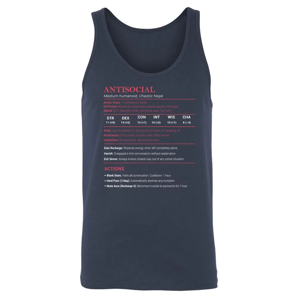 Antisocial Stats Unisex Jersey Tank - Navy - 2