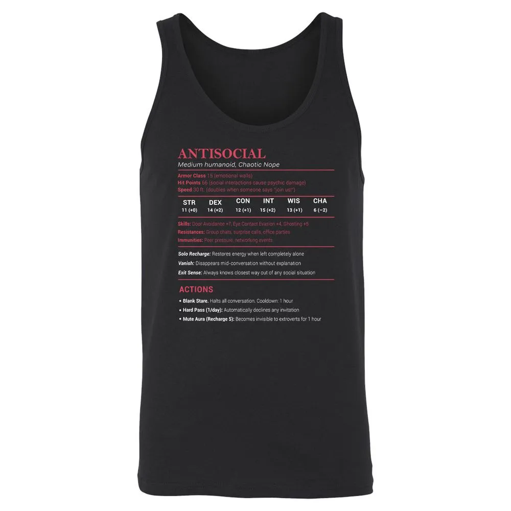 Antisocial Stats Unisex Jersey Tank - Black - 1