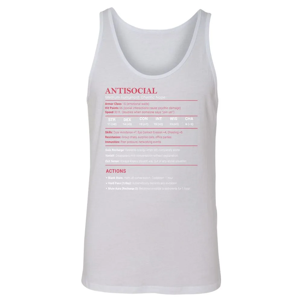 Antisocial Stats Unisex Jersey Tank - White - 14