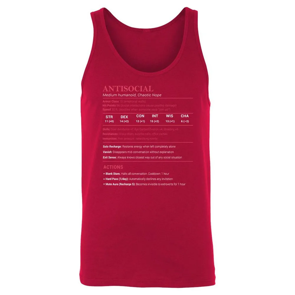 Antisocial Stats Unisex Jersey Tank - Red - 11