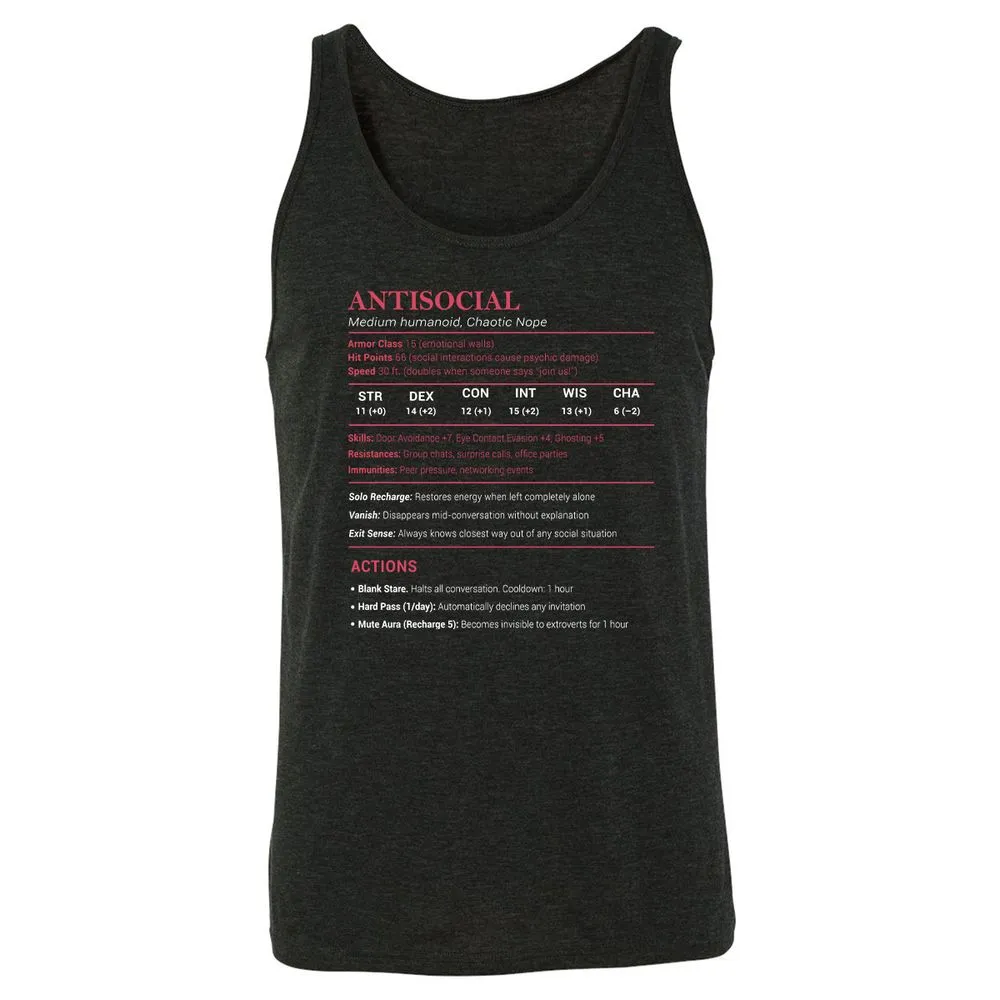 Antisocial Stats Unisex Jersey Tank - Charcoal Black Triblend - 5