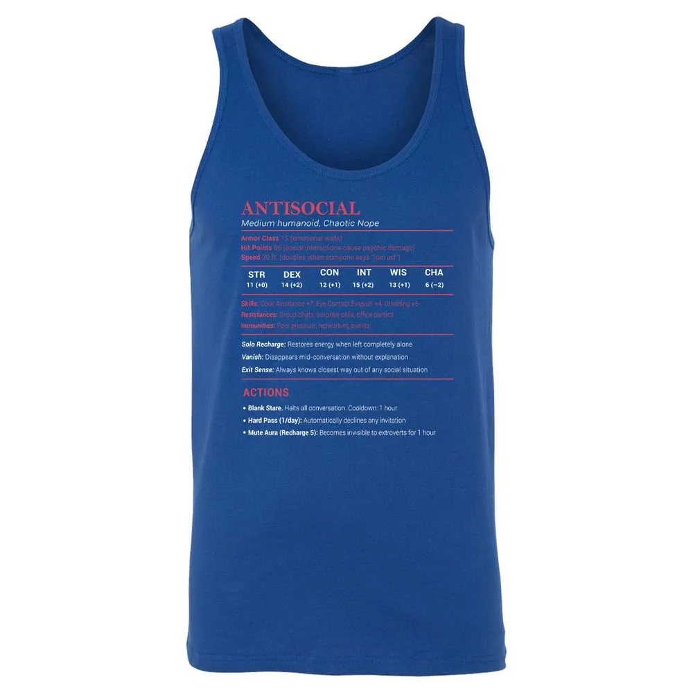 Antisocial Stats Unisex Jersey Tank - True Royal - 13