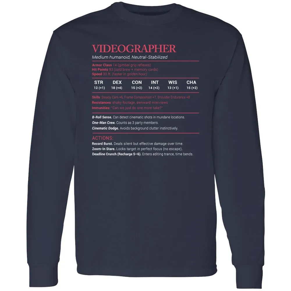 Videographer Stats Long Sleeve T-Shirt - Navy - 2