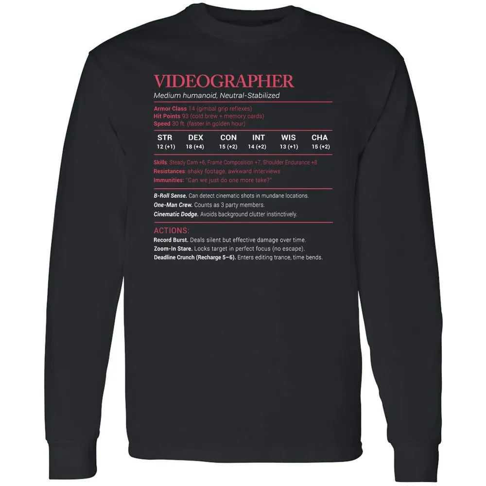Videographer Stats Long Sleeve T-Shirt - Black - 1