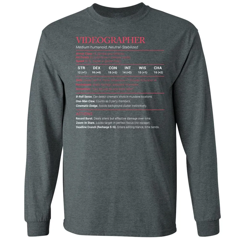 Videographer Stats Long Sleeve T-Shirt - Dark Heather - 15