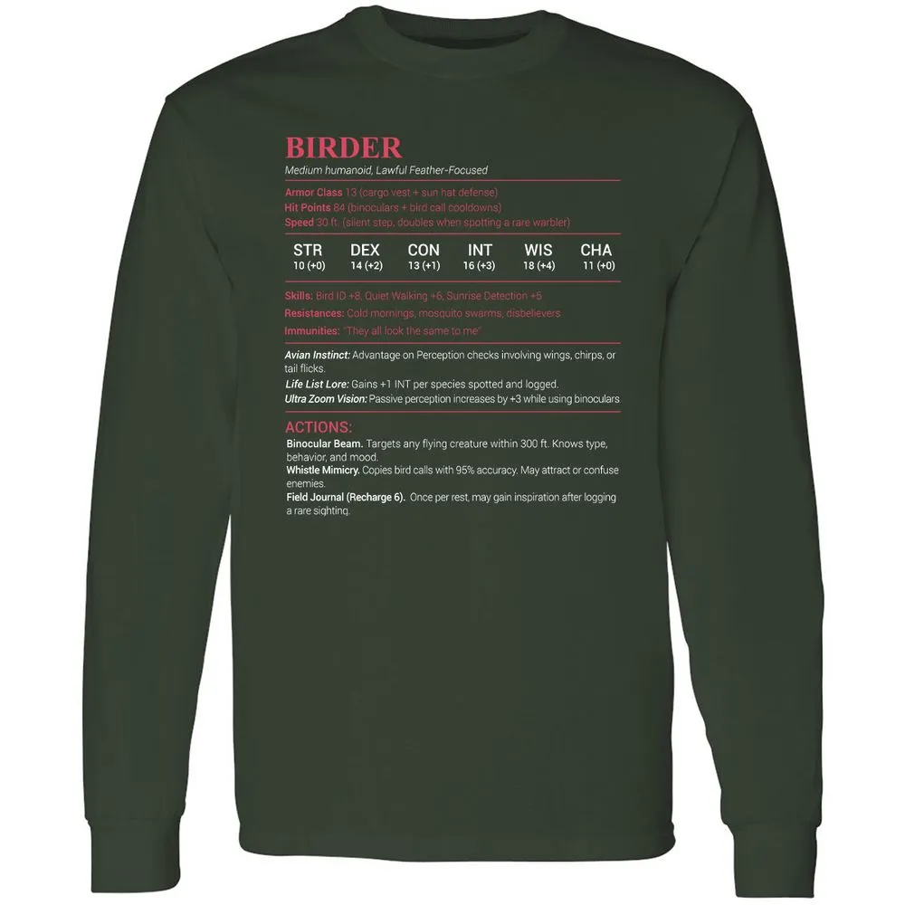 Birder Stats Long Sleeve T-Shirt - Forest Green - 4
