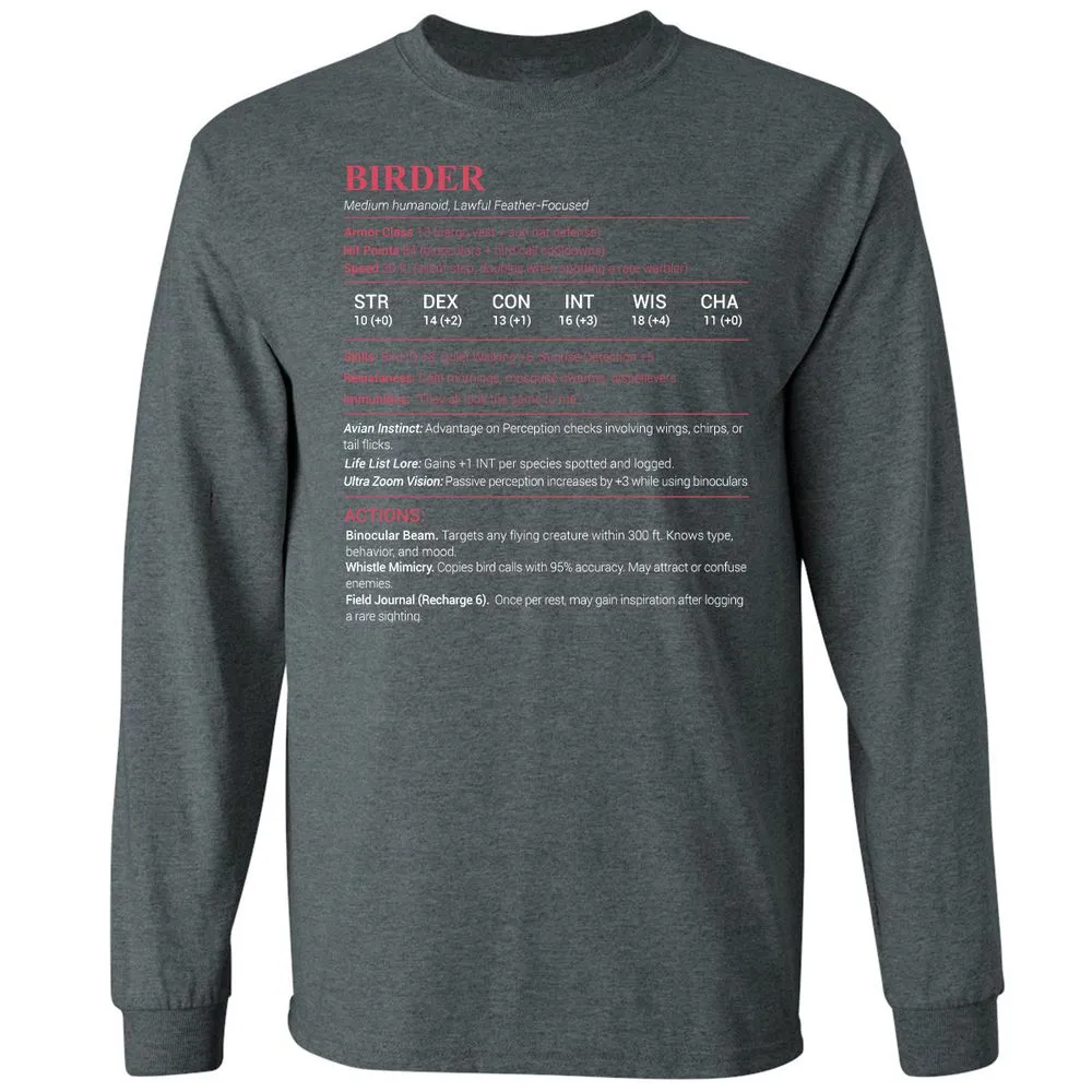 Birder Stats Long Sleeve T-Shirt - Dark Heather - 15
