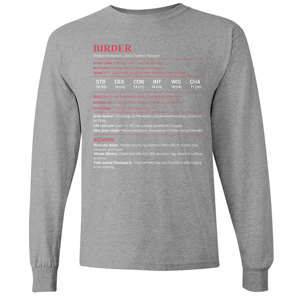 Birder Stats Long Sleeve T-Shirt - Graphite Heather - 6