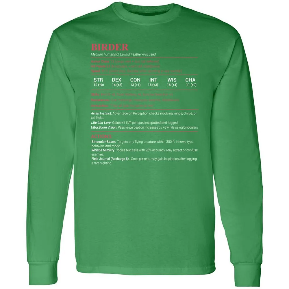 Birder Stats Long Sleeve T-Shirt - Irish Green - 10