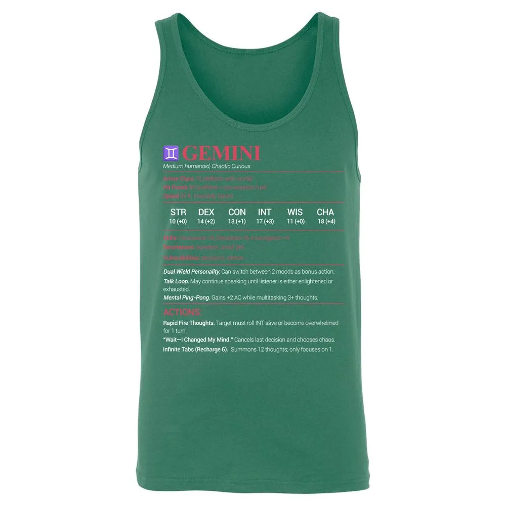 Gemini Stats Unisex Jersey Tank - Kelly - 9