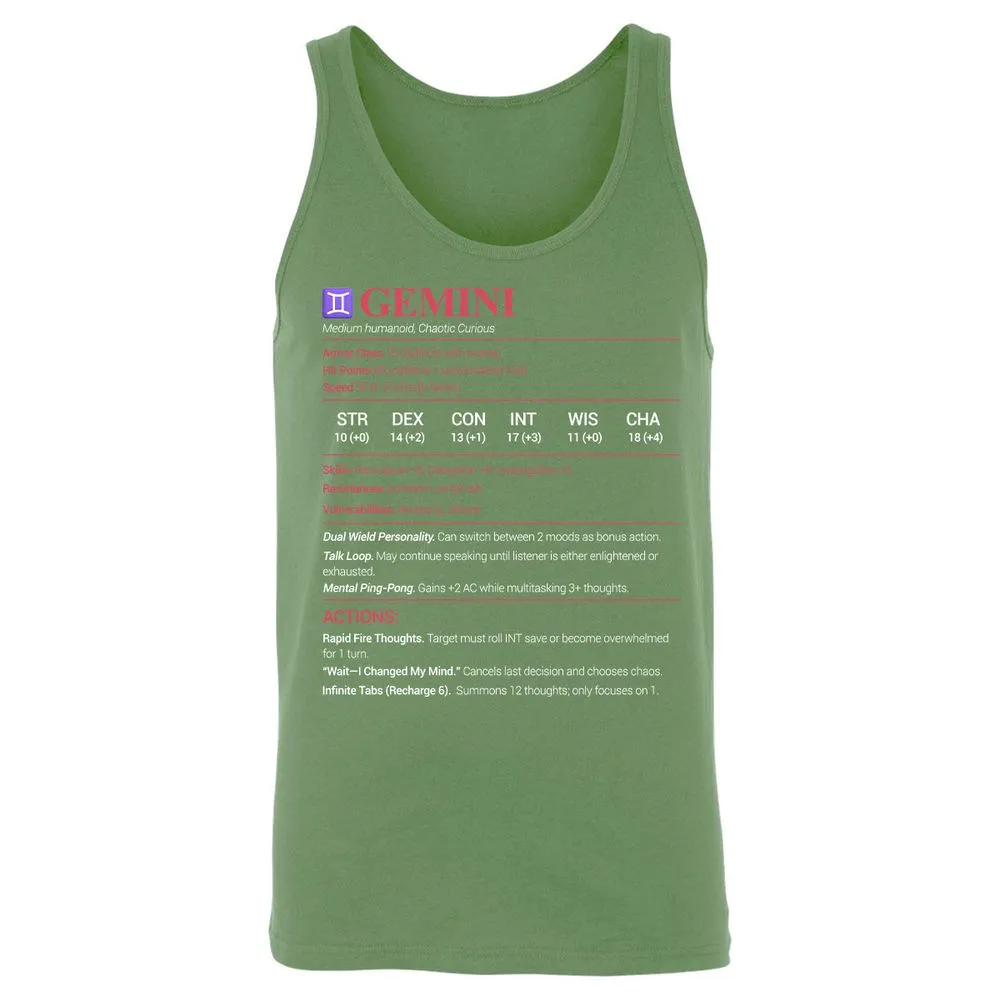 Gemini Stats Unisex Jersey Tank - Leaf - 10