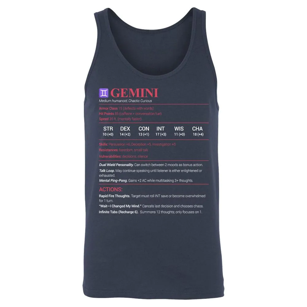 Gemini Stats Unisex Jersey Tank - Navy - 2