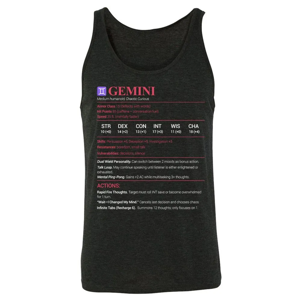 Gemini Stats Unisex Jersey Tank - Charcoal Black Triblend - 5