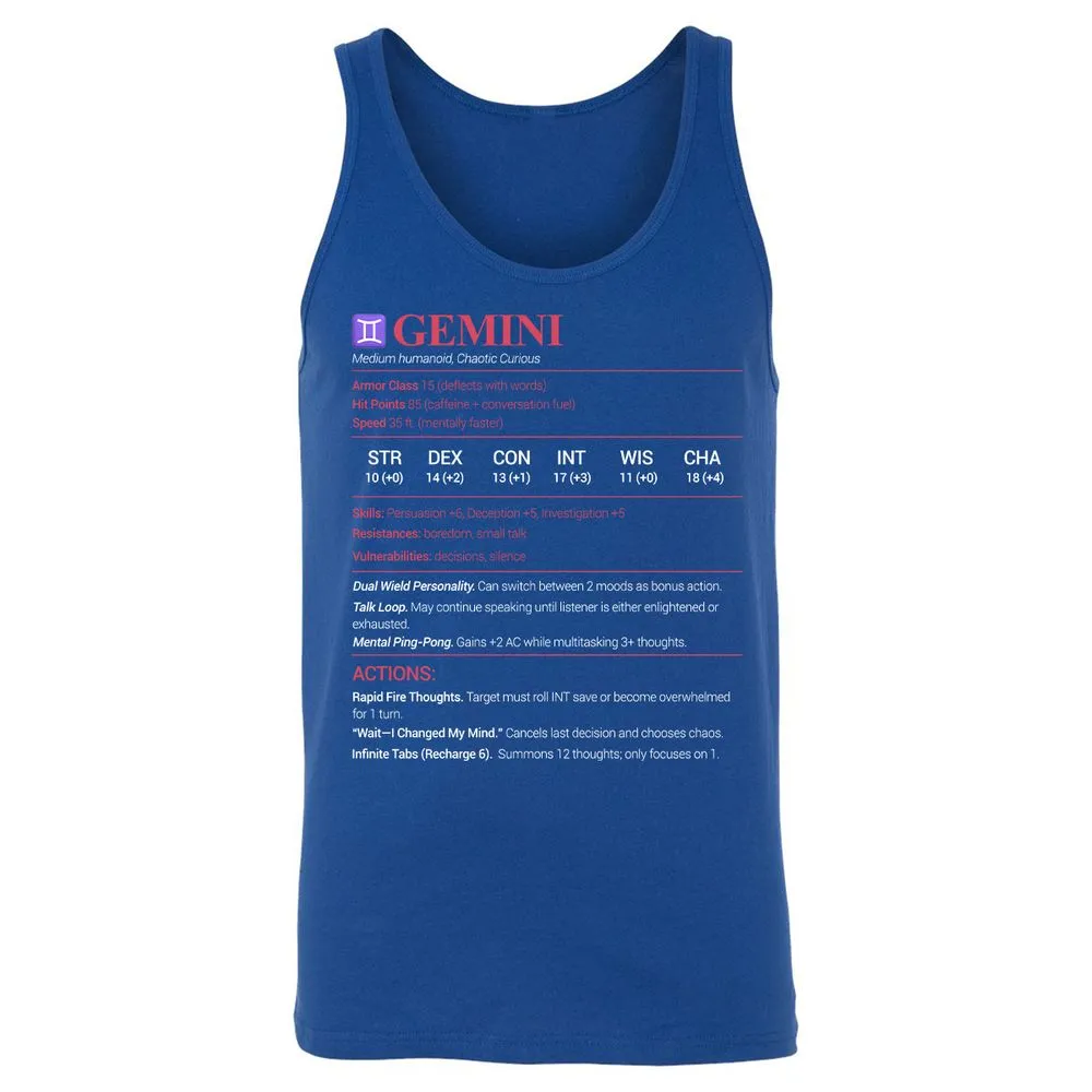 Gemini Stats Unisex Jersey Tank - True Royal - 13