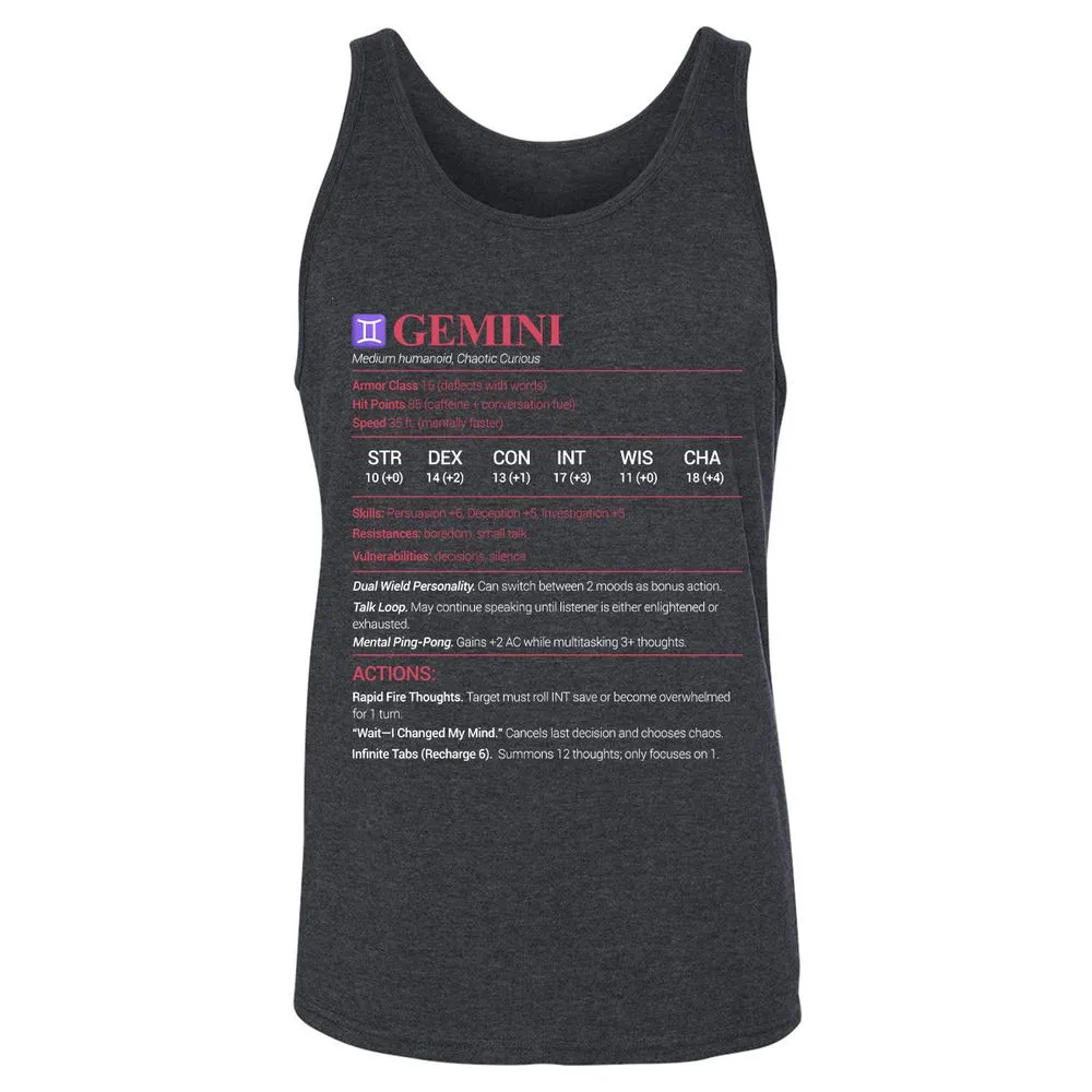 Gemini Stats Unisex Jersey Tank - Dark Grey Heather - 6