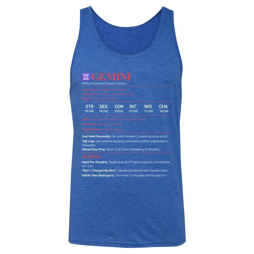 Gemini Stats Unisex Jersey Tank - True Royal Triblend - 12