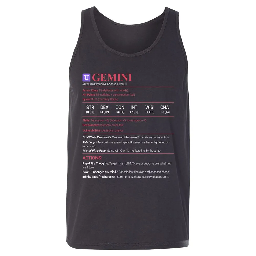 Gemini Stats Unisex Jersey Tank - Dark Grey - 7