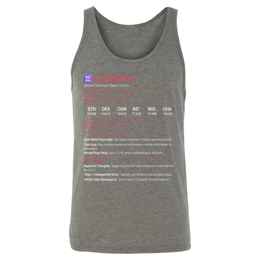 Gemini Stats Unisex Jersey Tank - Grey Triblend - 8