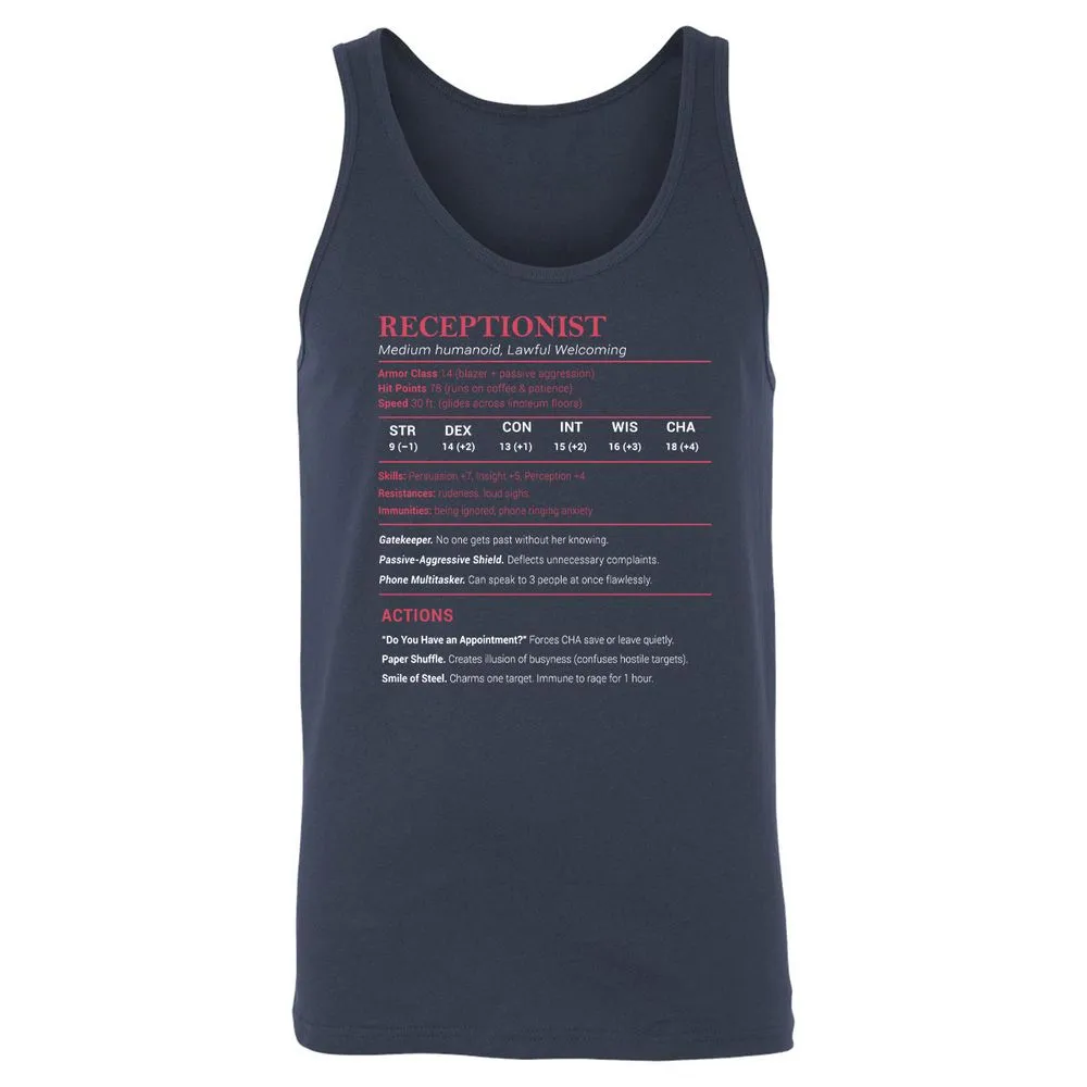 Receptionist Stats Unisex Jersey Tank - Navy - 2