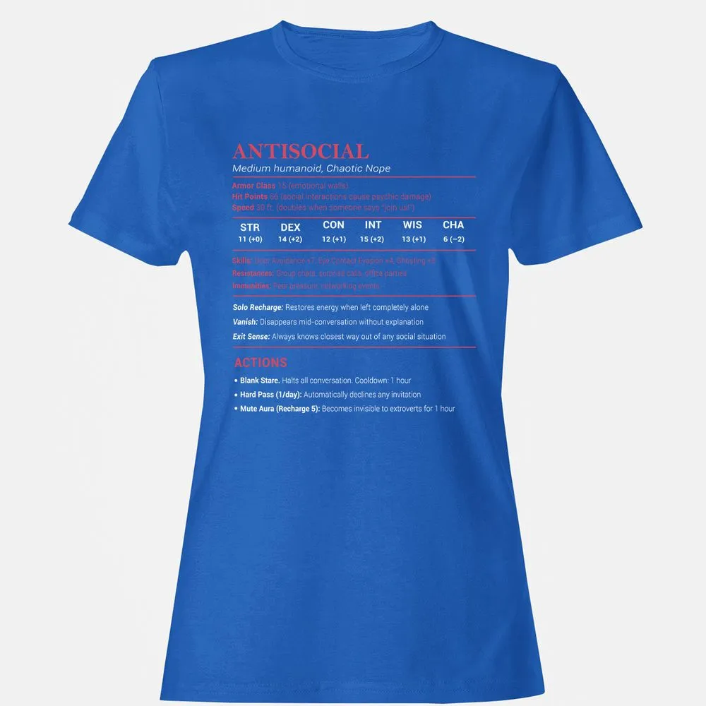 Antisocial Stats Women's T-Shirt - Royal - 14