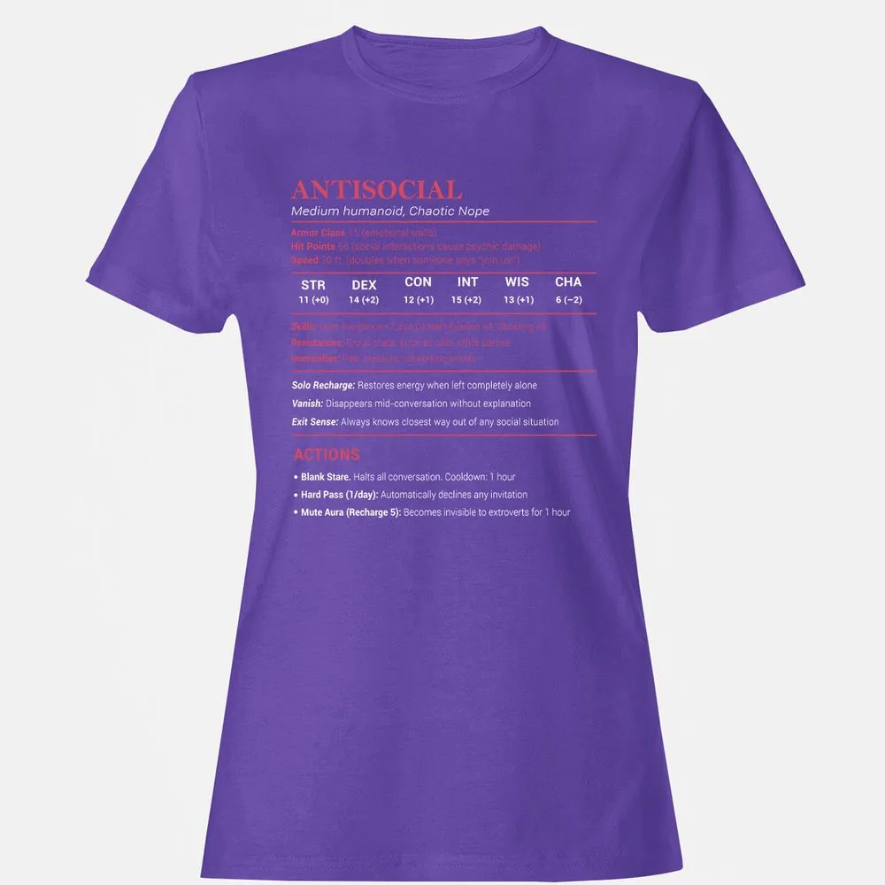 Antisocial Stats Women's T-Shirt - Purple - 12