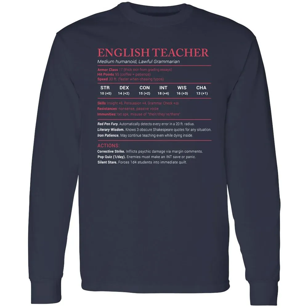 English Teacher Stats Long Sleeve T-Shirt - Navy - 2