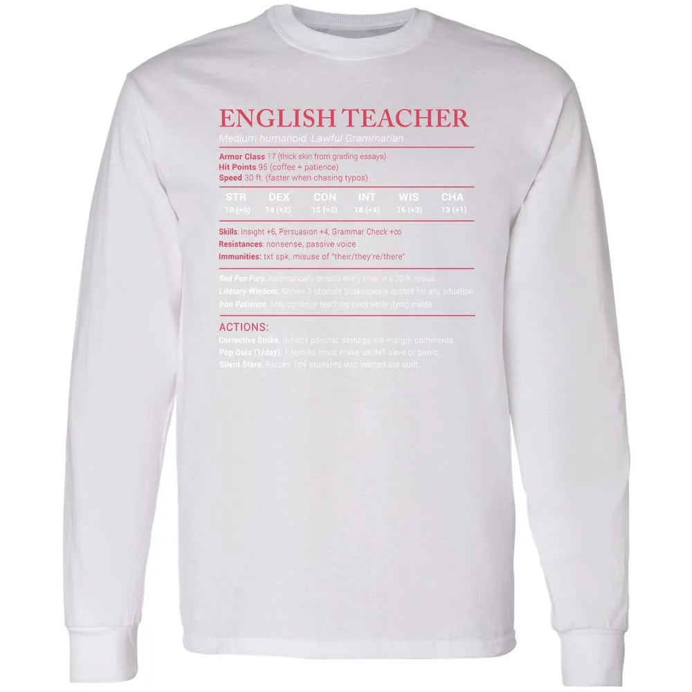English Teacher Stats Long Sleeve T-Shirt - White - 5