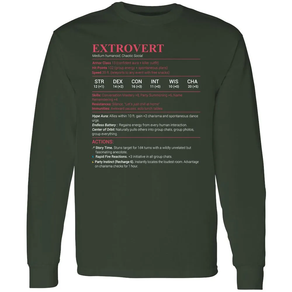 Extrovert Stats Long Sleeve T-Shirt - Forest Green - 4