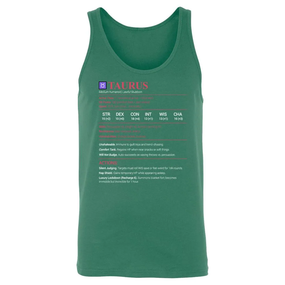 Taurus Stats Unisex Jersey Tank - Kelly - 9