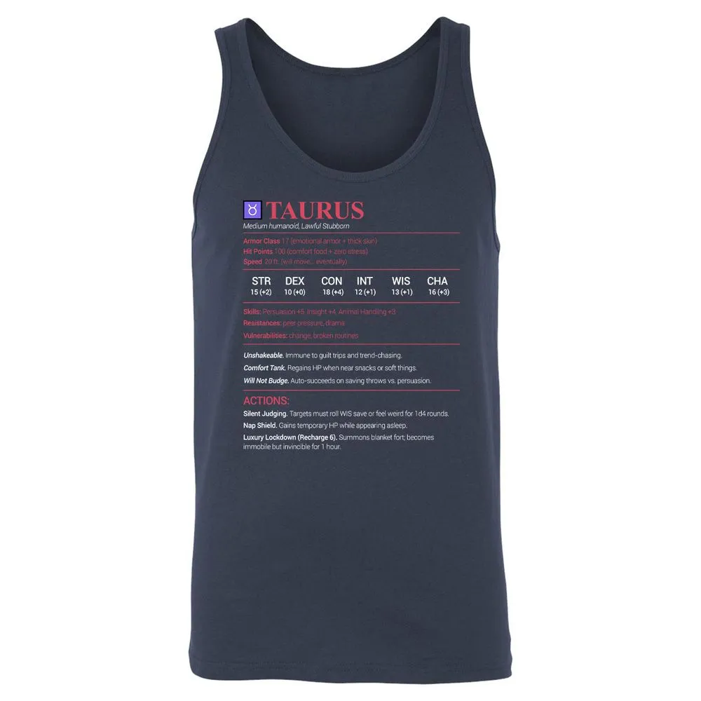 Taurus Stats Unisex Jersey Tank - Navy - 2