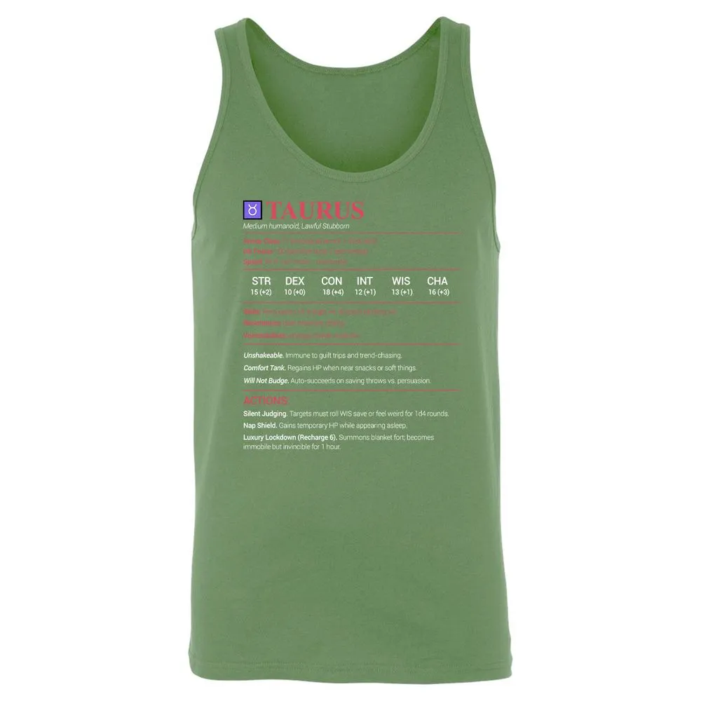 Taurus Stats Unisex Jersey Tank - Leaf - 10