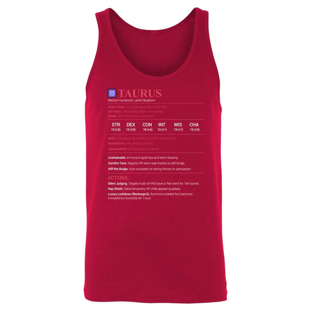 Taurus Stats Unisex Jersey Tank - Red - 11