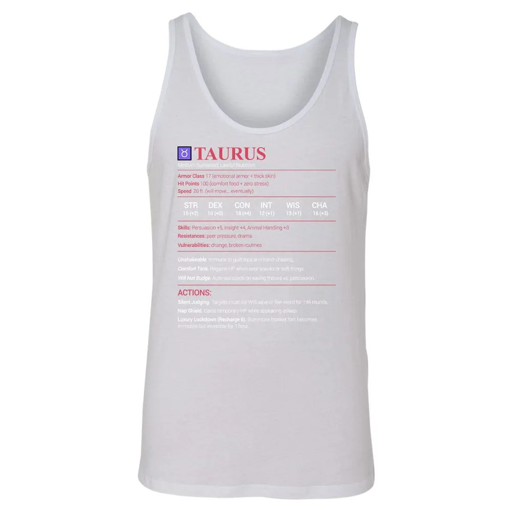 Taurus Stats Unisex Jersey Tank - White - 14