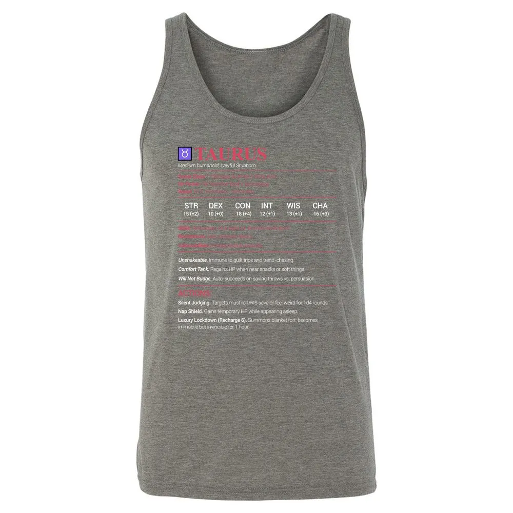 Taurus Stats Unisex Jersey Tank - Grey Triblend - 8