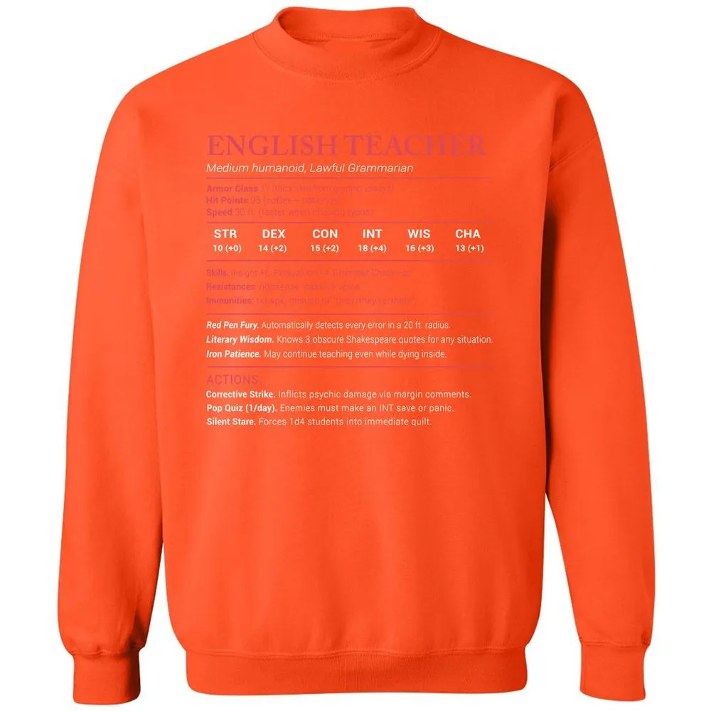 English Teacher Stats Classic Unisex Sweatshirt - Orange - 10