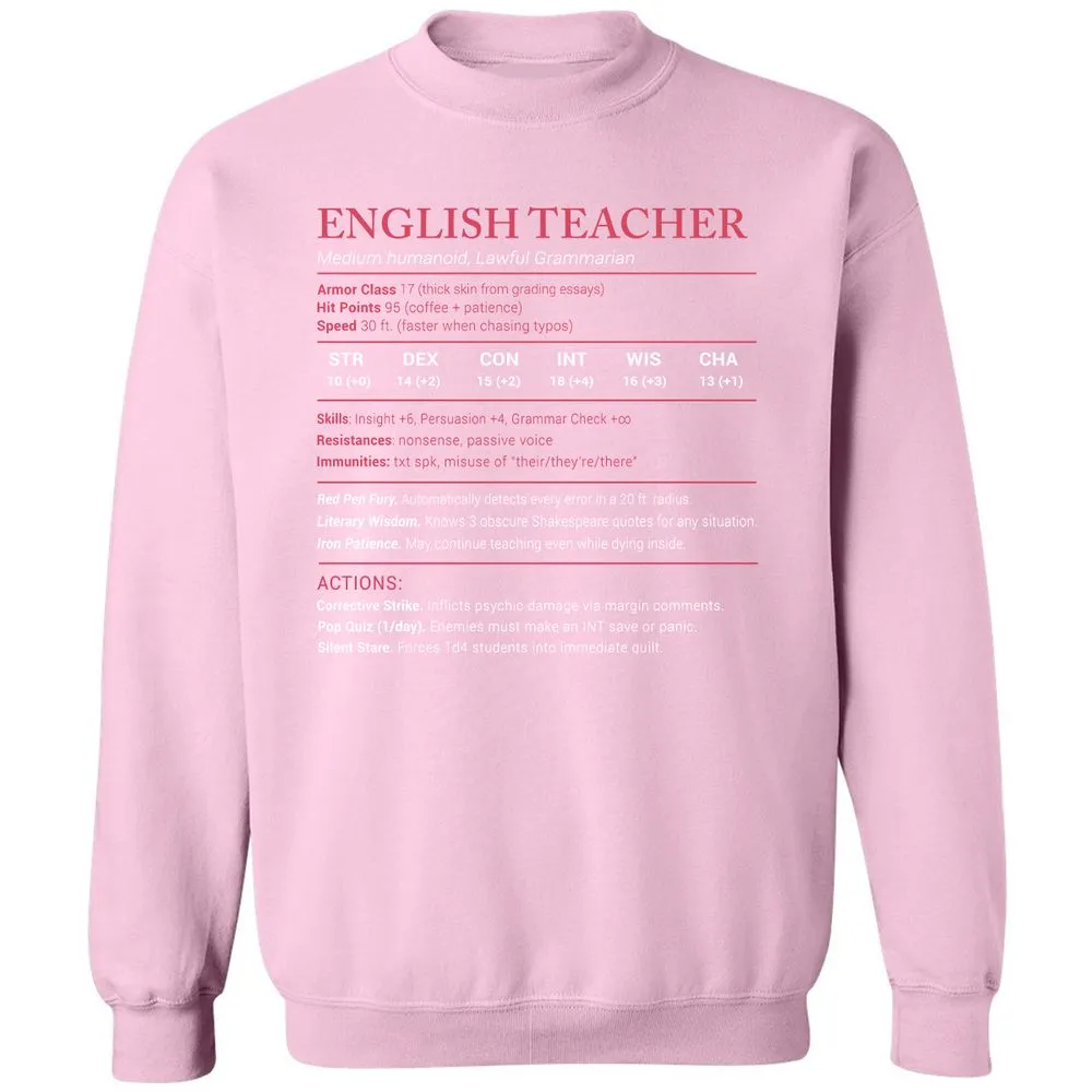 English Teacher Stats Classic Unisex Sweatshirt - Light Pink - 3