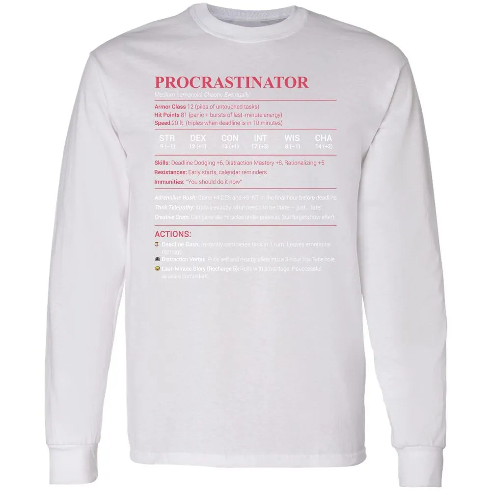 Procrastinator Stats Long Sleeve T-Shirt - White - 5