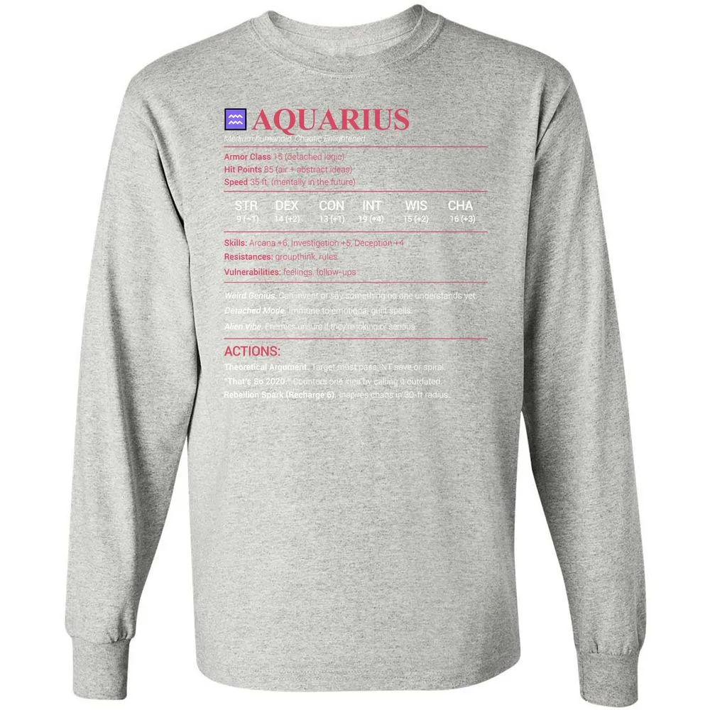 Aquarius Stats Long Sleeve T-Shirt - Ash - 7