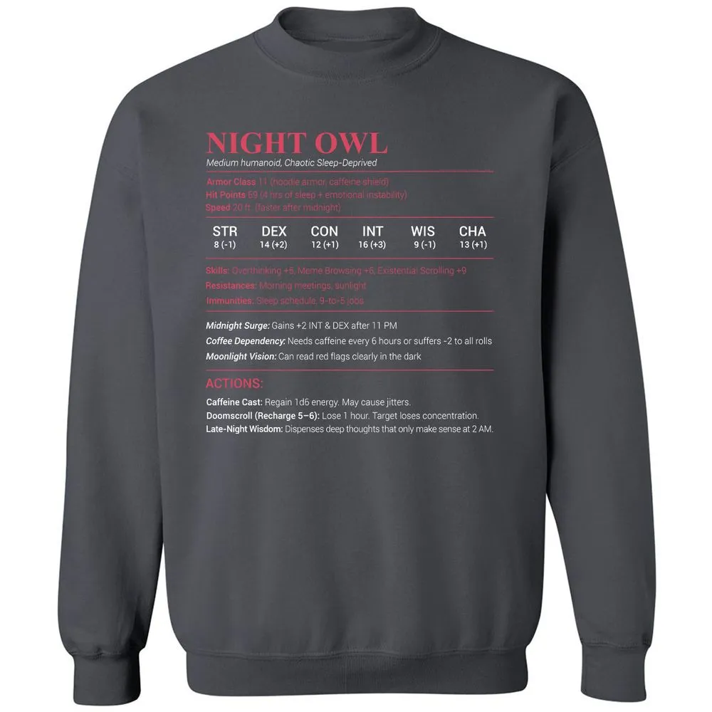 Night Owl Stats Classic Unisex Sweatshirt - Charcoal - 7