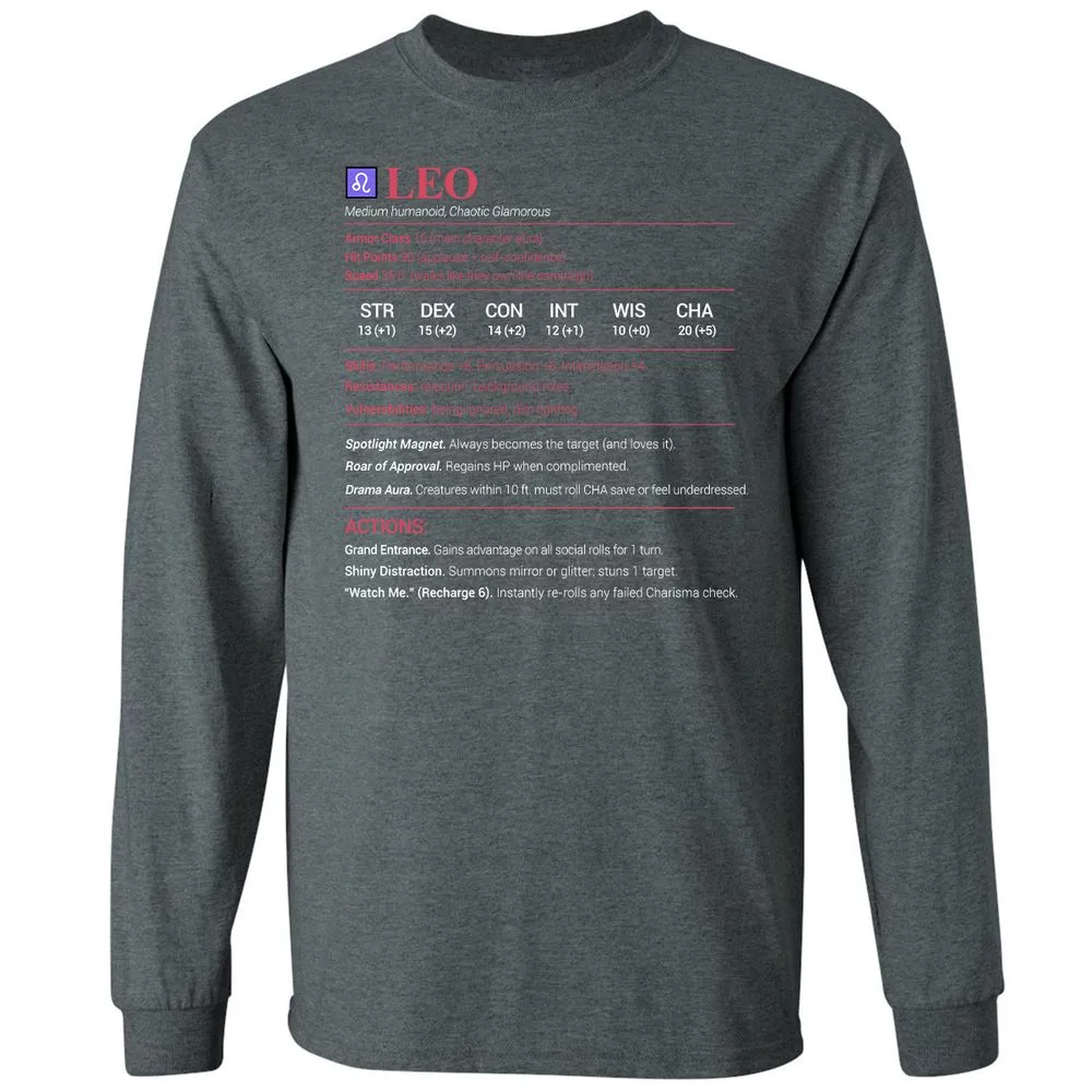 Leo Stats Long Sleeve T-Shirt - Dark Heather - 15
