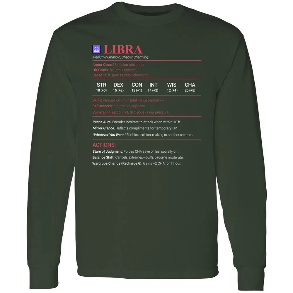 Libra Stats Long Sleeve T-Shirt - Forest Green - 4