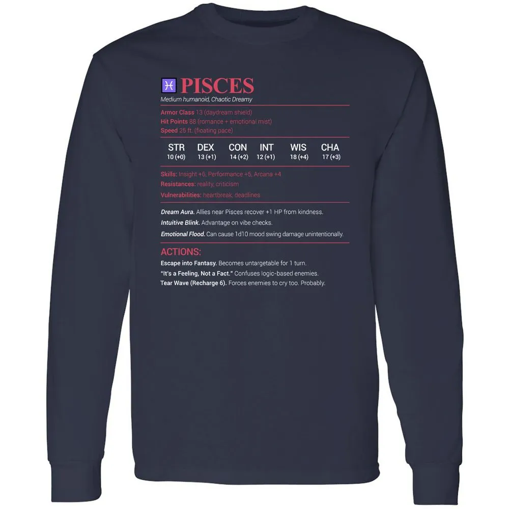 Pisces Stats Long Sleeve T-Shirt - Navy - 2