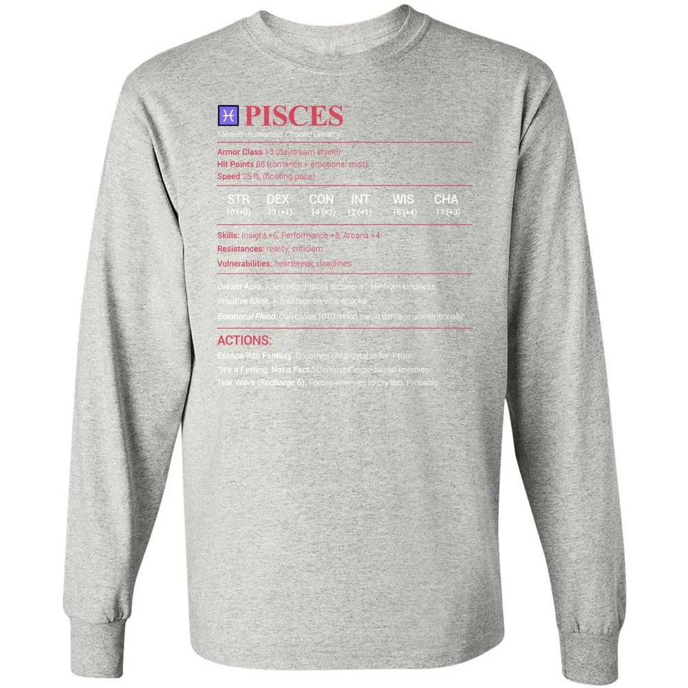 Pisces Stats Long Sleeve T-Shirt - Ash - 7