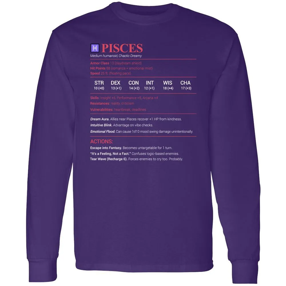 Pisces Stats Long Sleeve T-Shirt - Purple - 13