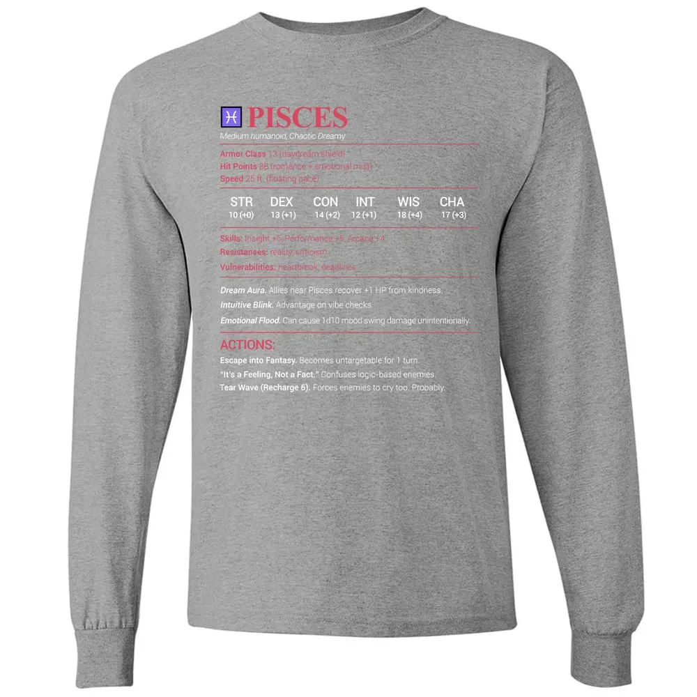 Pisces Stats Long Sleeve T-Shirt - Graphite Heather - 6