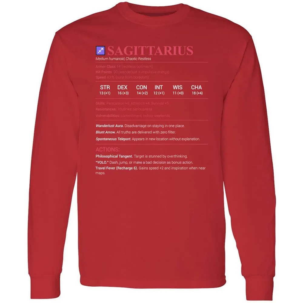 Sagittarius Stats Long Sleeve T-Shirt - Red - 14