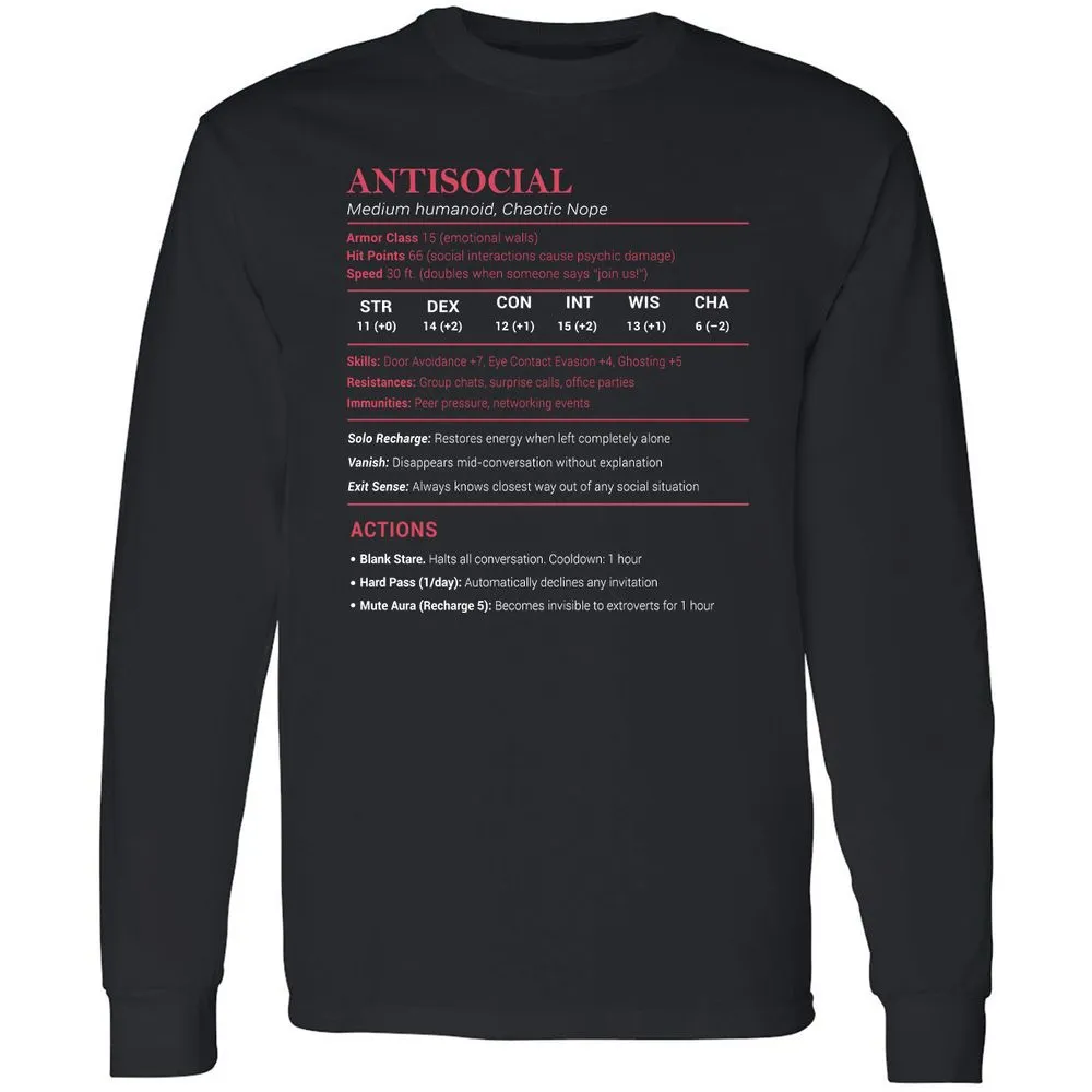 Antisocial Stats Long Sleeve T-Shirt - Black - 1