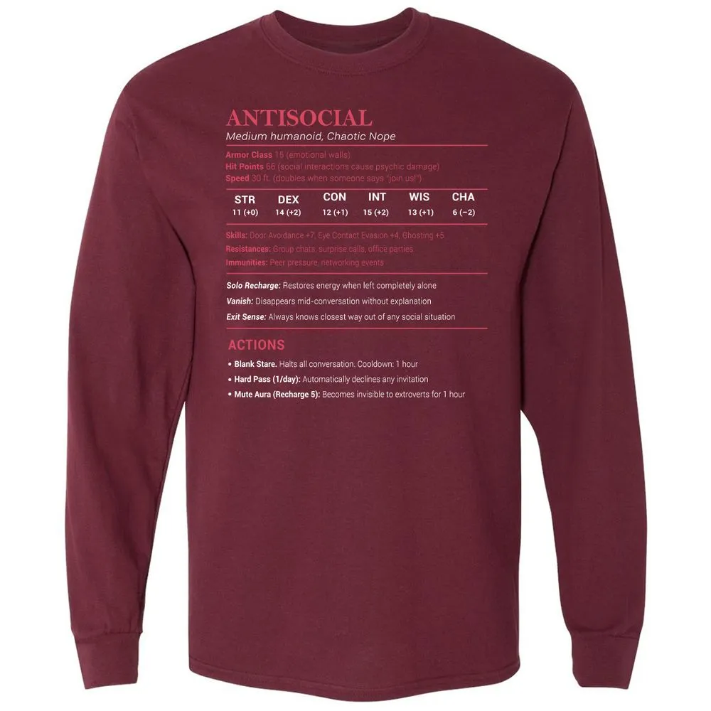Antisocial Stats Long Sleeve T-Shirt - Maroon - 11